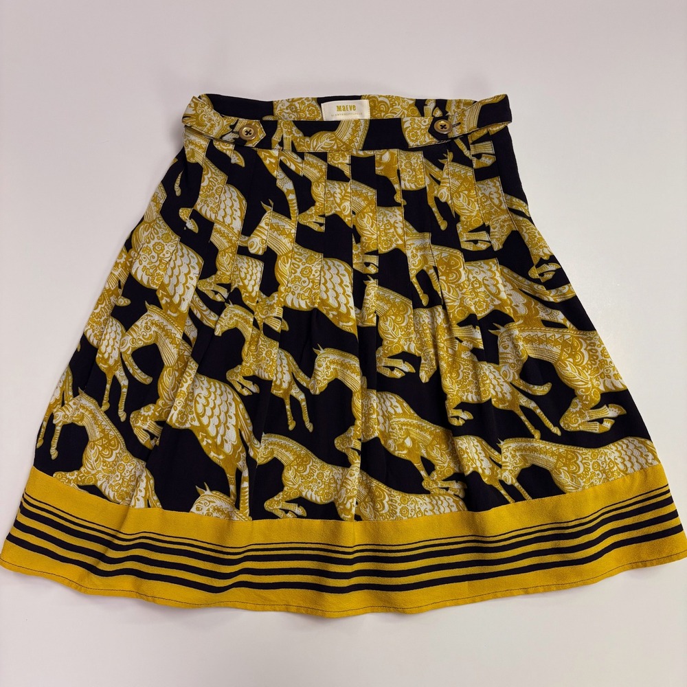 Anthro Maeve Horse Print Equestrian Skirt 4 Yellow Pleated A-Line High Waist